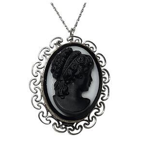 Vintage 1960s Sorrento Sterling Silver Black  White Glass Cameo Pendant Necklace
